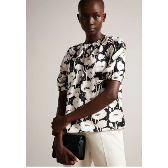 Ted Baker Luciani Puff Sleeve Top Blouse Black Cream Floral 4 (10) - Picture 3 of 13